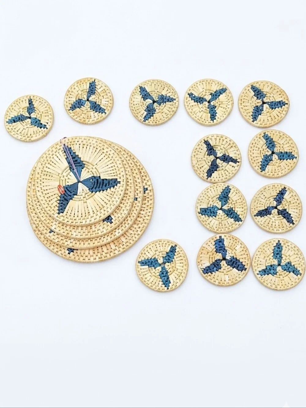 Handwoven Rattan Boho Blue Accent Coasters and Trivets - Set of 16